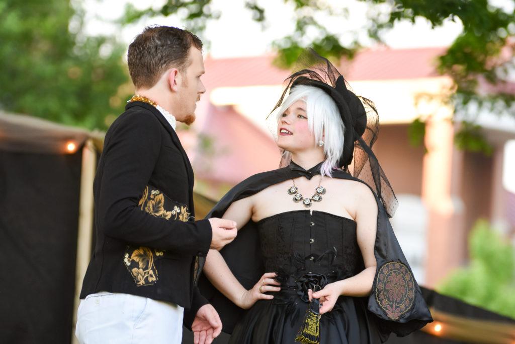 From left, Diandra Sallee of Nicholasville, Ky. as Olivia, and James Tyler Mattingly of Stanford, Ky. as Malvolio, in “Shakespeare’s Under the Stars: Twelfth Night” play at Campbellsville University. The comedy runs May 17-19 at 8 p.m. on Stapp Lawn. (Campbellsville University Photo by Joshua Williams)