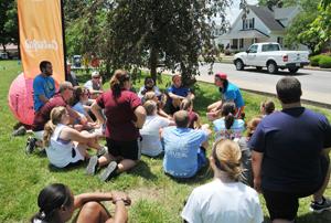 Blakely Brown of Denison, Texas leads a  Centri-Kid camp training at Campbellsville  University. Over 6,000 campers, including  eight Centri-Kid camps, will be on CU's  campus this summer. (Campbellsville  University Photo by Nara Amarsanaa)