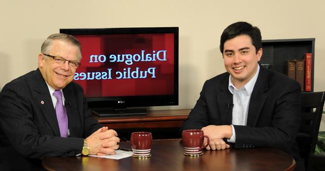 Campbellsville University’s John Chowning, vice president for church and external relations and executive assistant to the president of CU, right, interviews Ben Lowe, director of Young Adult Ministries, Evangelical Environmental Network, for his “Dialogue on Public Issues” show. The show will air Sunday, May 12 at 8 a.m.; Monday, May 13 at 1:30 p.m. and 6:30 p.m.; Tuesday, May 14 at 1:30 p.m. and 6:30 p.m.; Wednesday, May 15 at 1:30 p.m. and 6:30 p.m.; Thursday, May 16 at 8 p.m.; and Friday, May 17 at 8 p.m. The show is aired on Campbellsville’s cable channel 10 and is also aired on WLCU FM 88.7 at 8 a.m. Sunday, May 12. (Campbellsville University Photo by Ye Wei “Vicky”)